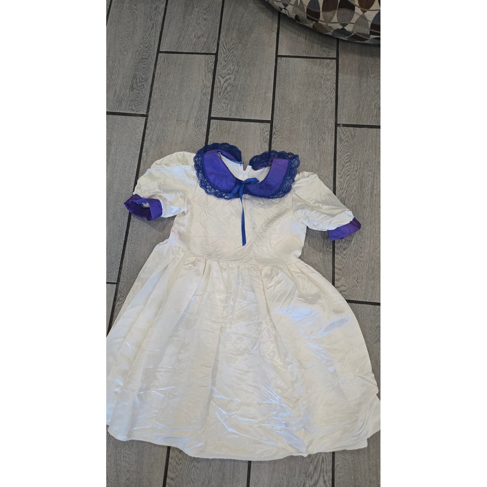 Vintage Handmade Girls Ivory Satin Dress Purple Lace Collar Puff Sleeve Costume